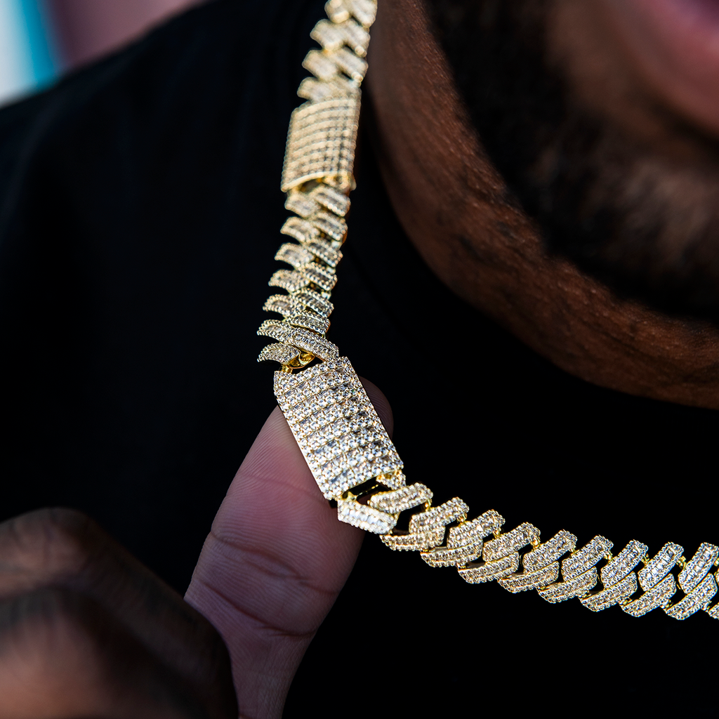 GLD Men Diamond Baguette Station Cuban Chain in Yellow Gold- 12mm