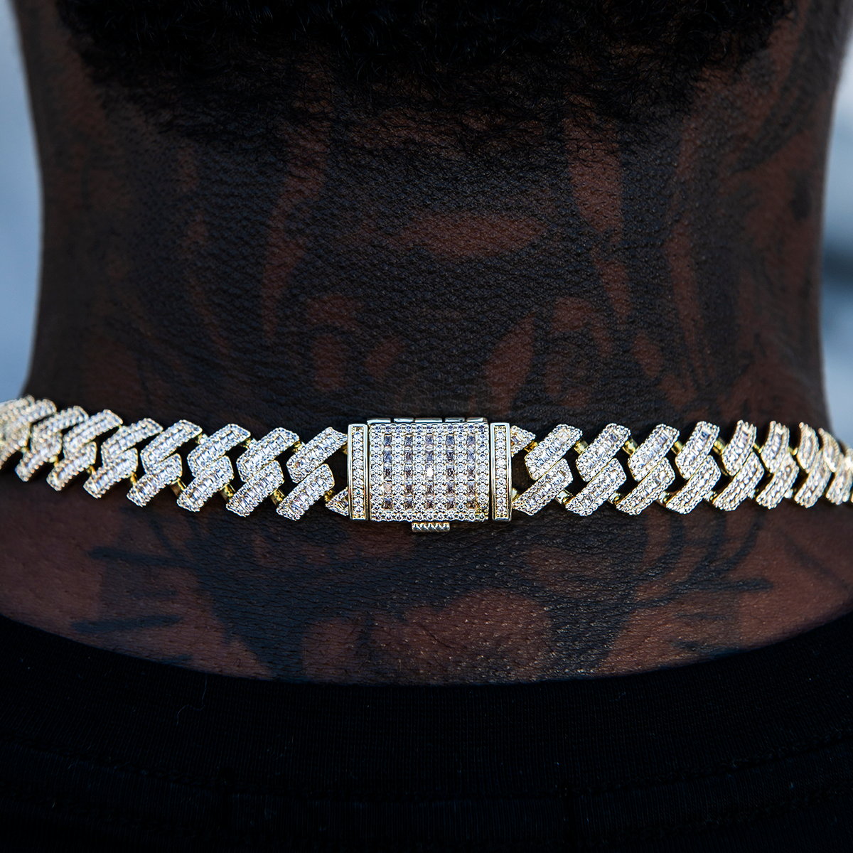 GLD Men Diamond Baguette Station Cuban Chain in Yellow Gold- 12mm