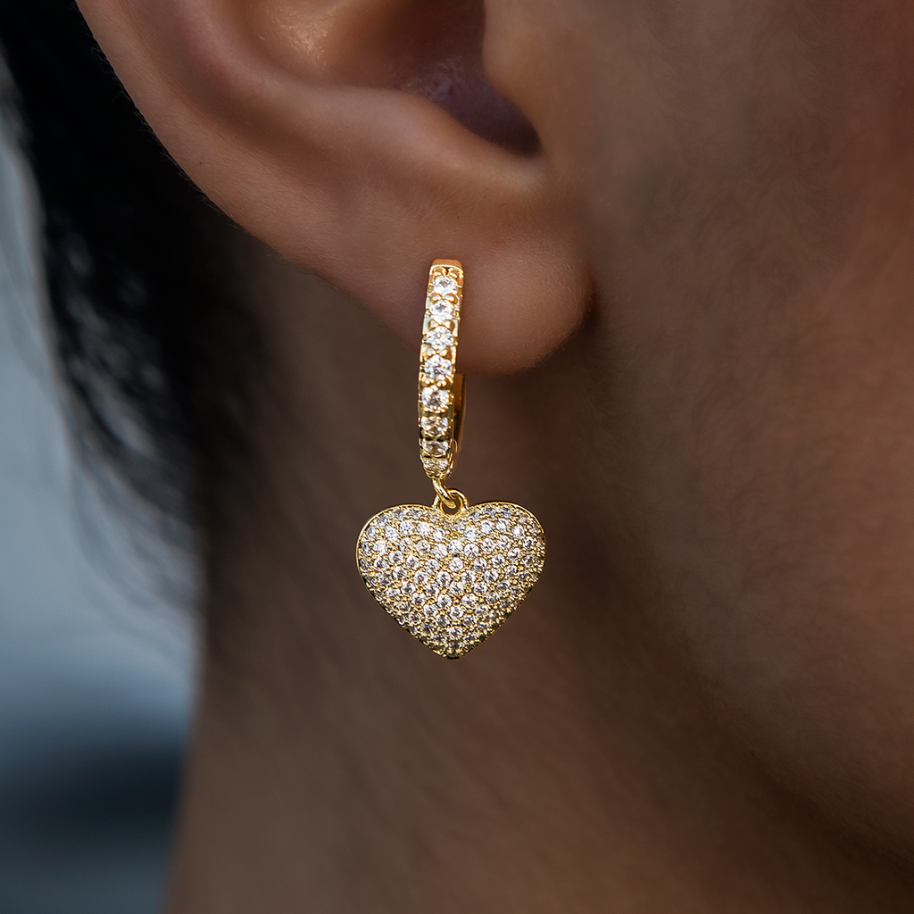 GLD Women Pave Heart Hoop Earrings in Yellow Gold
