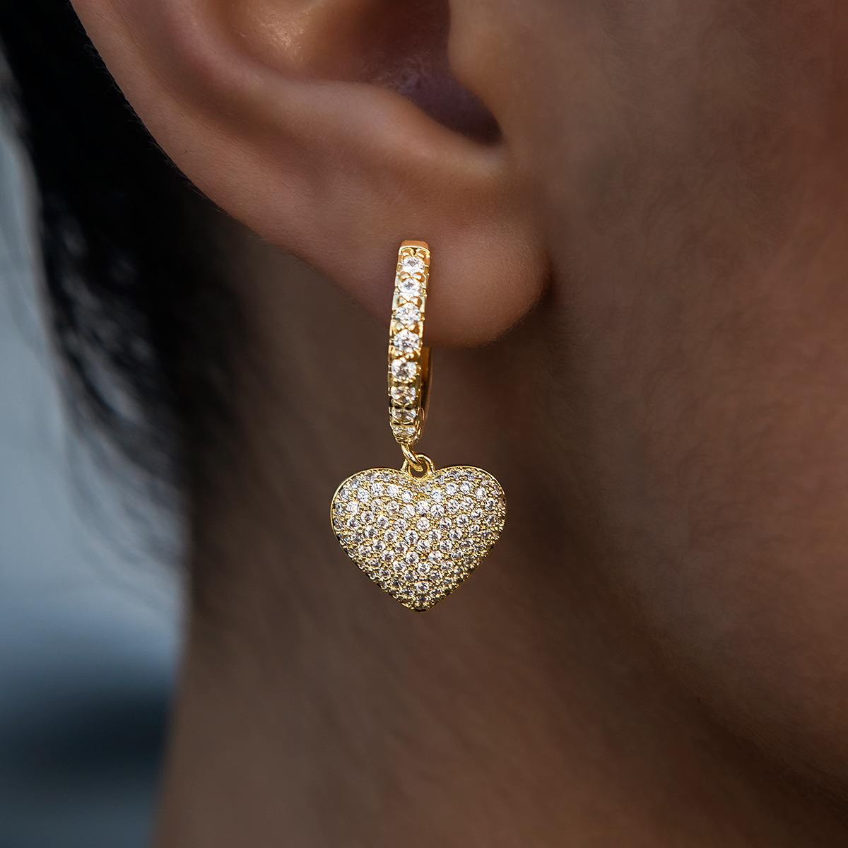 GLD Women Pave Heart Hoop Earrings in Yellow Gold