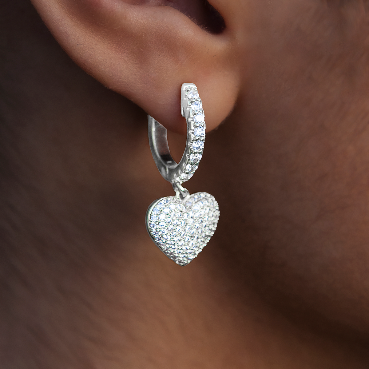 GLD Women Pave Heart Hoop Earrings in White Gold