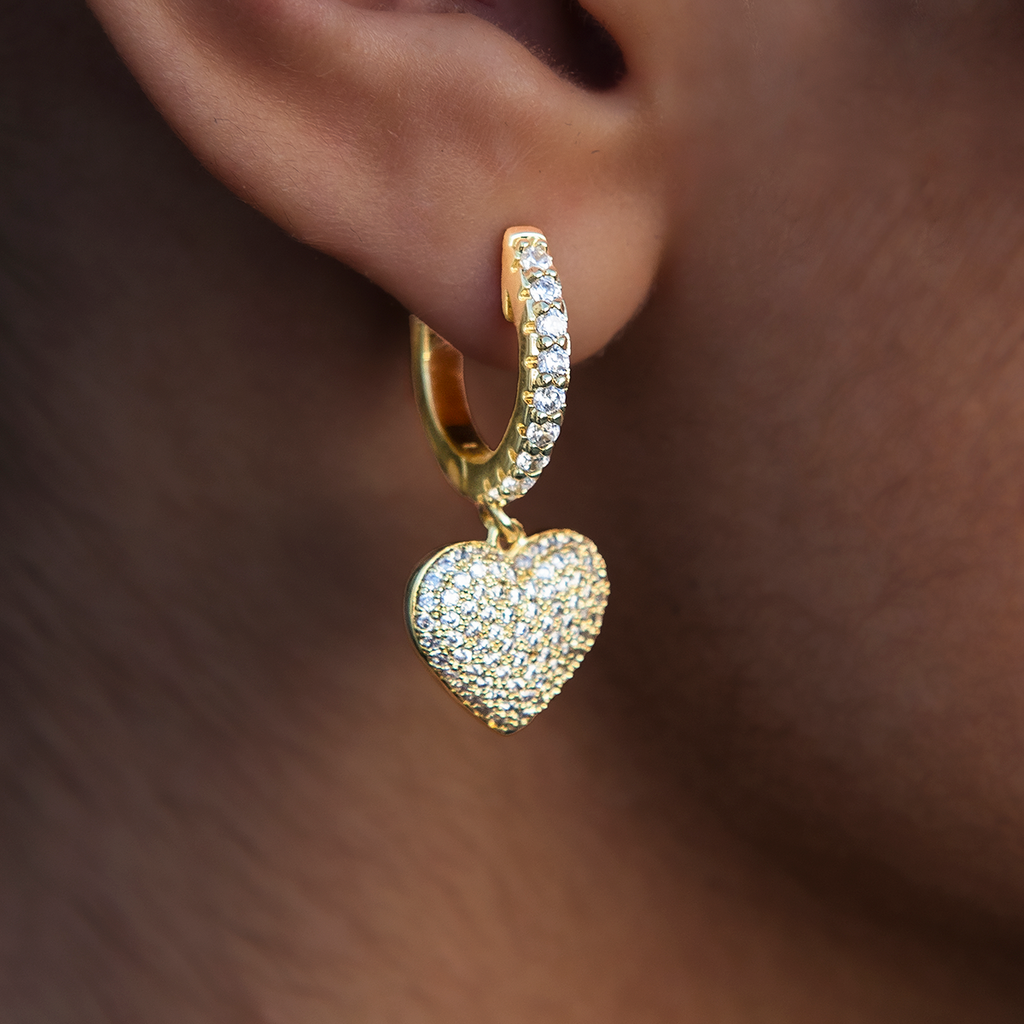 GLD Women Pave Heart Hoop Earrings in Yellow Gold
