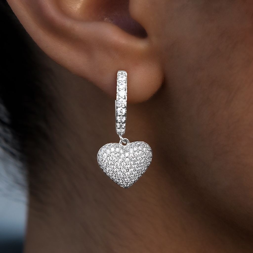 GLD Women Pave Heart Hoop Earrings in White Gold