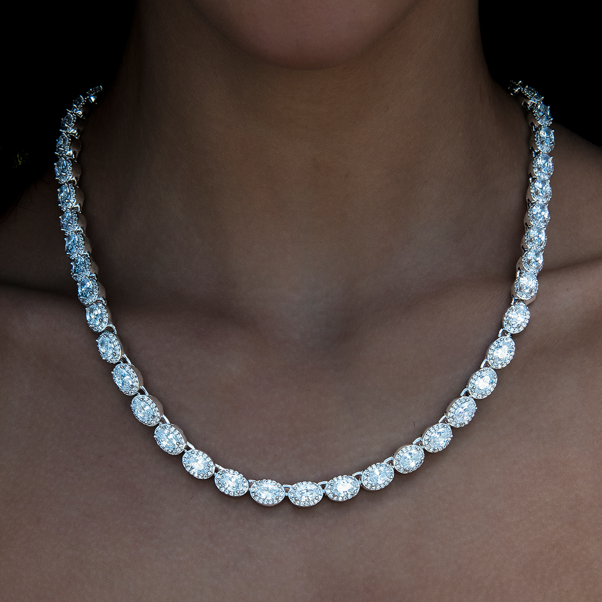 GLD Women Diamond Oval Clustered Tennis Necklace in White Gold- 4mm