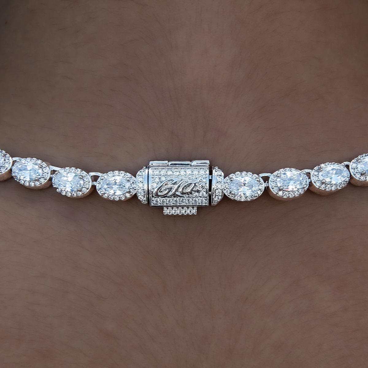 GLD Women Diamond Oval Clustered Tennis Necklace in White Gold- 4mm
