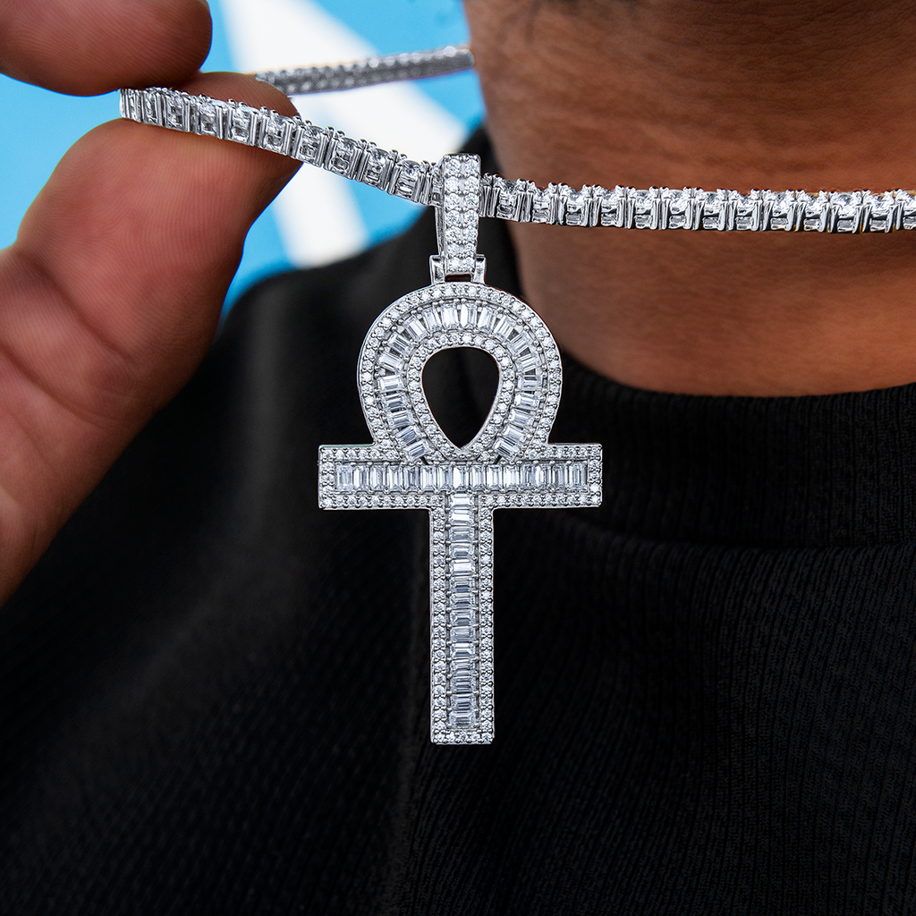 GLD Men Moissanite Ankh Cross Pendant in Sterling Silver
