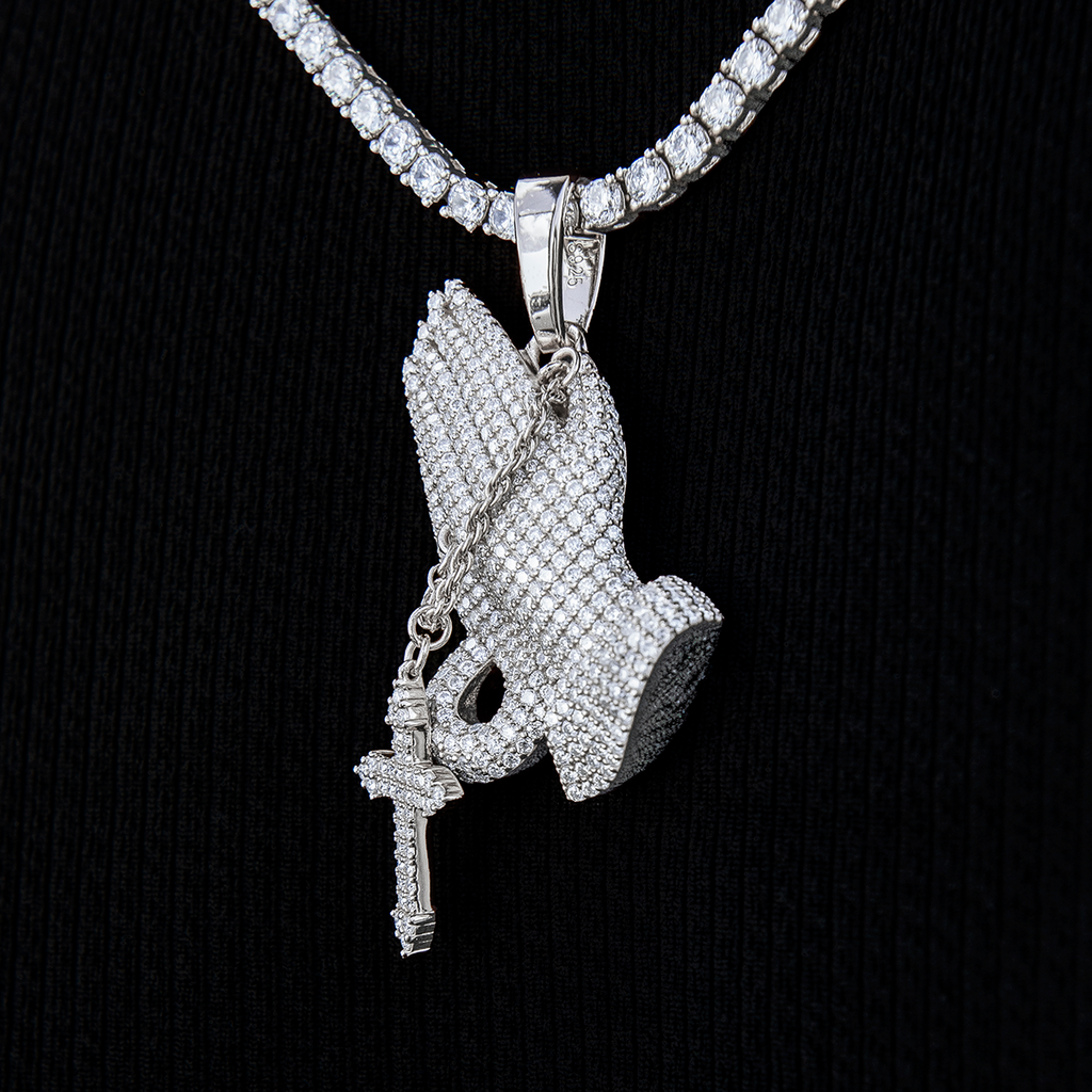 GLD Men Men's Moissanite Praying Hands Pendant in White Gold Vermeil