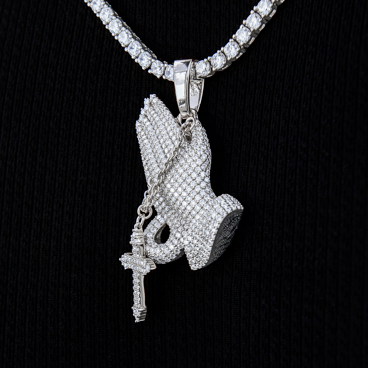 GLD Men Moissanite Praying Hands Pendant in Sterling Silver