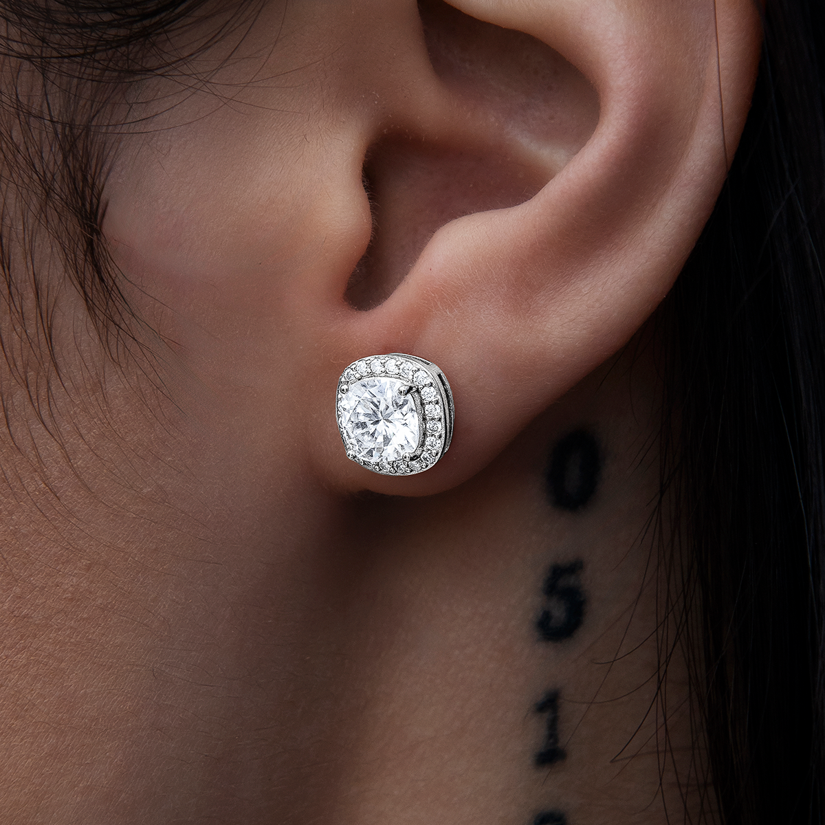 GLD Women Cushion Cut Moissanite Earrings in White Gold Vermeil