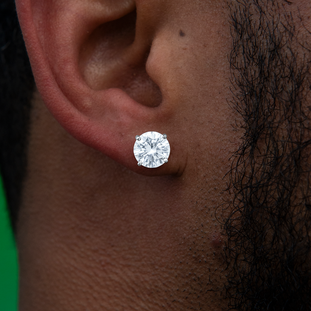 GLD Men 8MM Round Cut Moissanite Diamond Stud Earrings in White Gold Vermeil