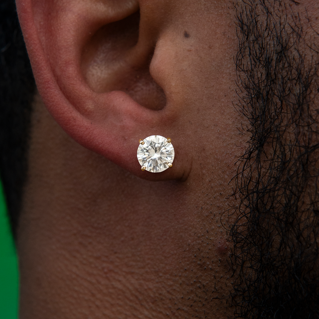 GLD Men 8MM Round Cut Moissanite Diamond Stud Earrings in Yellow Gold Vermeil