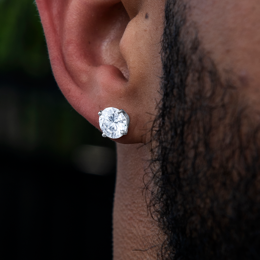 GLD Men 8MM Round Cut Moissanite Diamond Stud Earrings in White Gold Vermeil