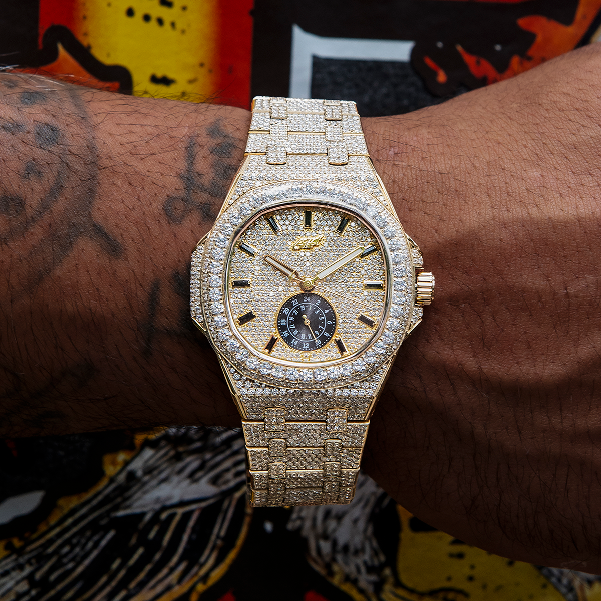GLD Men 39MM Visionary Fully Iced Case & Steel Band Watch - Yellow Gold