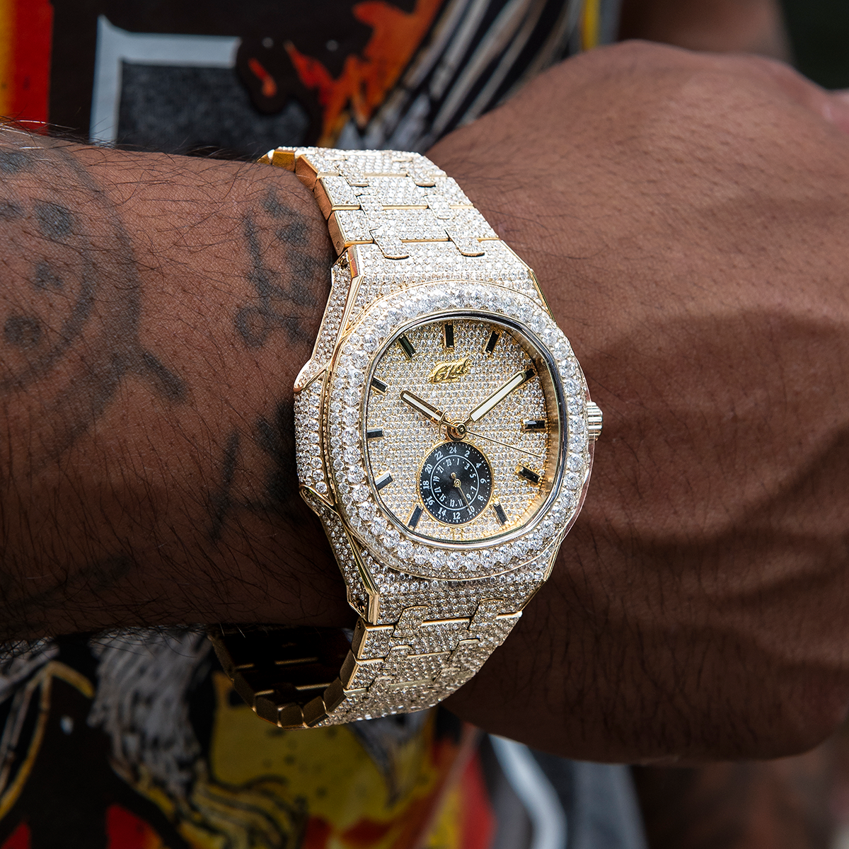 GLD Men 39MM Visionary Fully Iced Case & Steel Band Watch - Yellow Gold