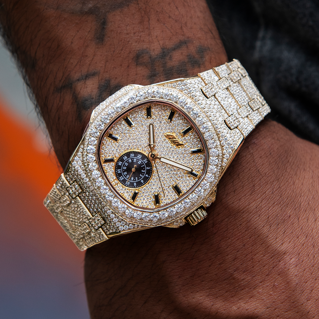 GLD Men 39MM Visionary Fully Iced Case & Steel Band Watch - Yellow Gold