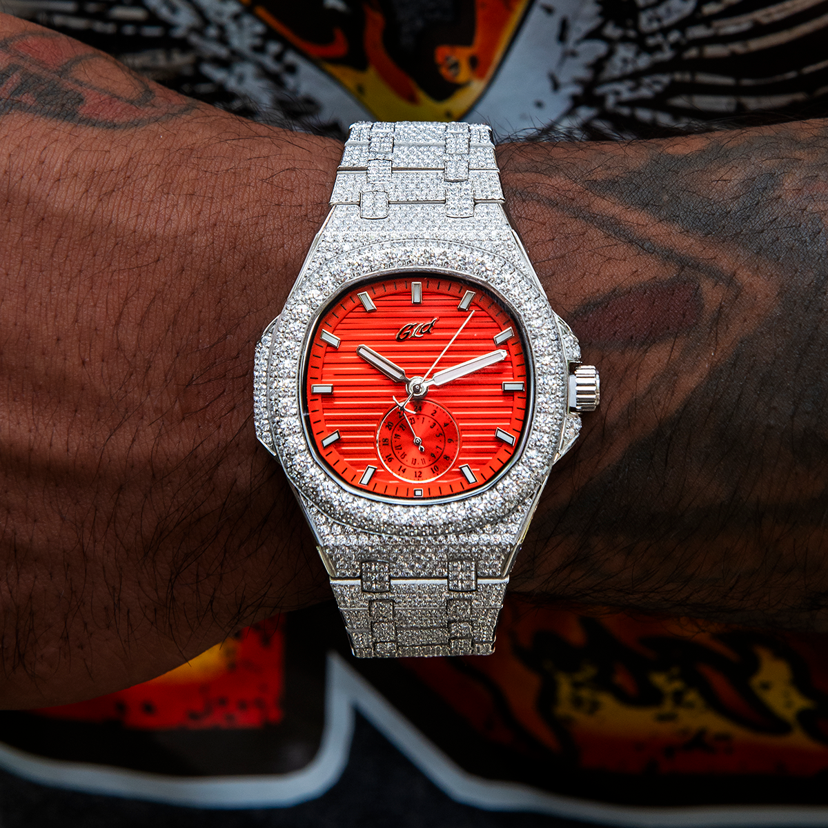 GLD Men 39MM Visionary Fully Iced Case & Orange Dial Watch - White Gold
