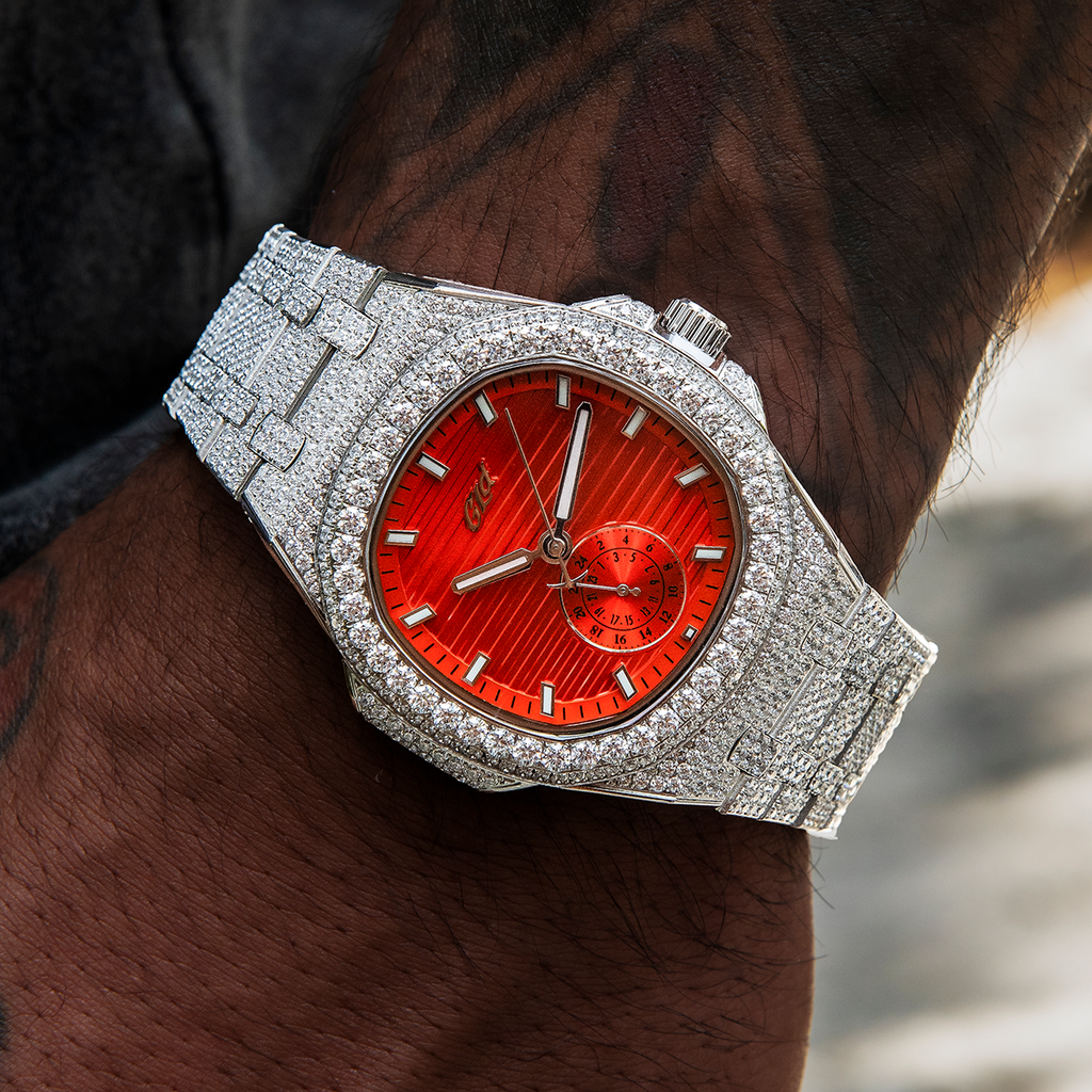 GLD Men 39MM Visionary Fully Iced Case & Orange Dial Watch - White Gold