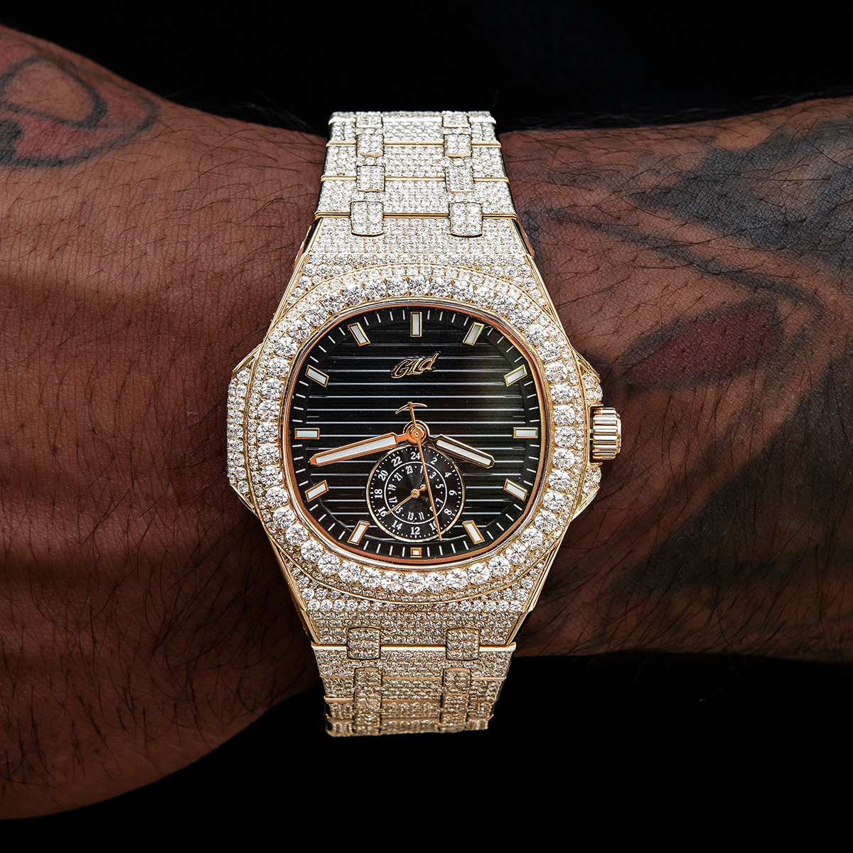 GLD Men 39MM Visionary Fully Iced Case & Black Dial Watch - Yellow Gold