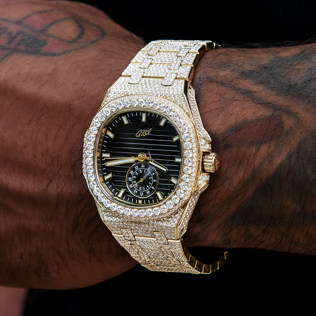 GLD Men 39MM Visionary Fully Iced Case & Black Dial Watch - Yellow Gold