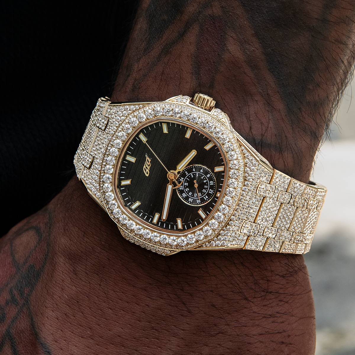 GLD Men 39MM Visionary Fully Iced Case & Black Dial Watch - Yellow Gold
