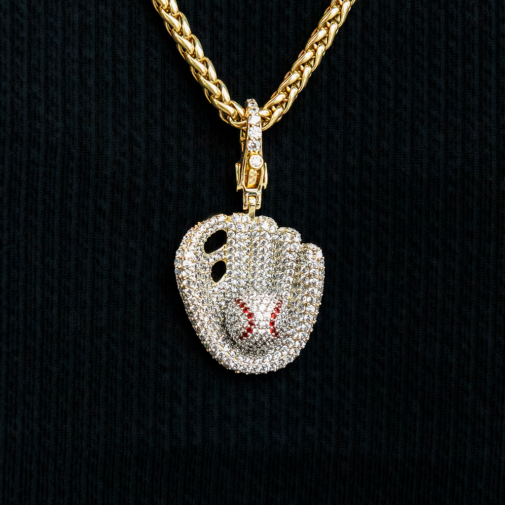 GLD Youth Iced Baseball Clip On Pendant in Yellow Gold