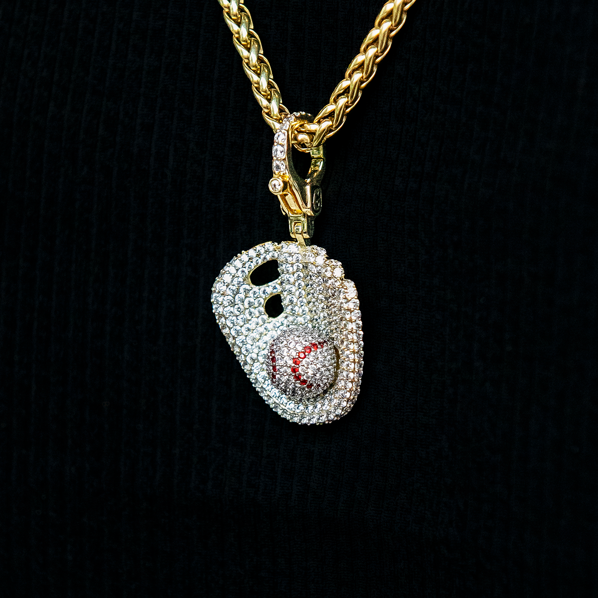 GLD Youth Iced Baseball Clip On Pendant in Yellow Gold