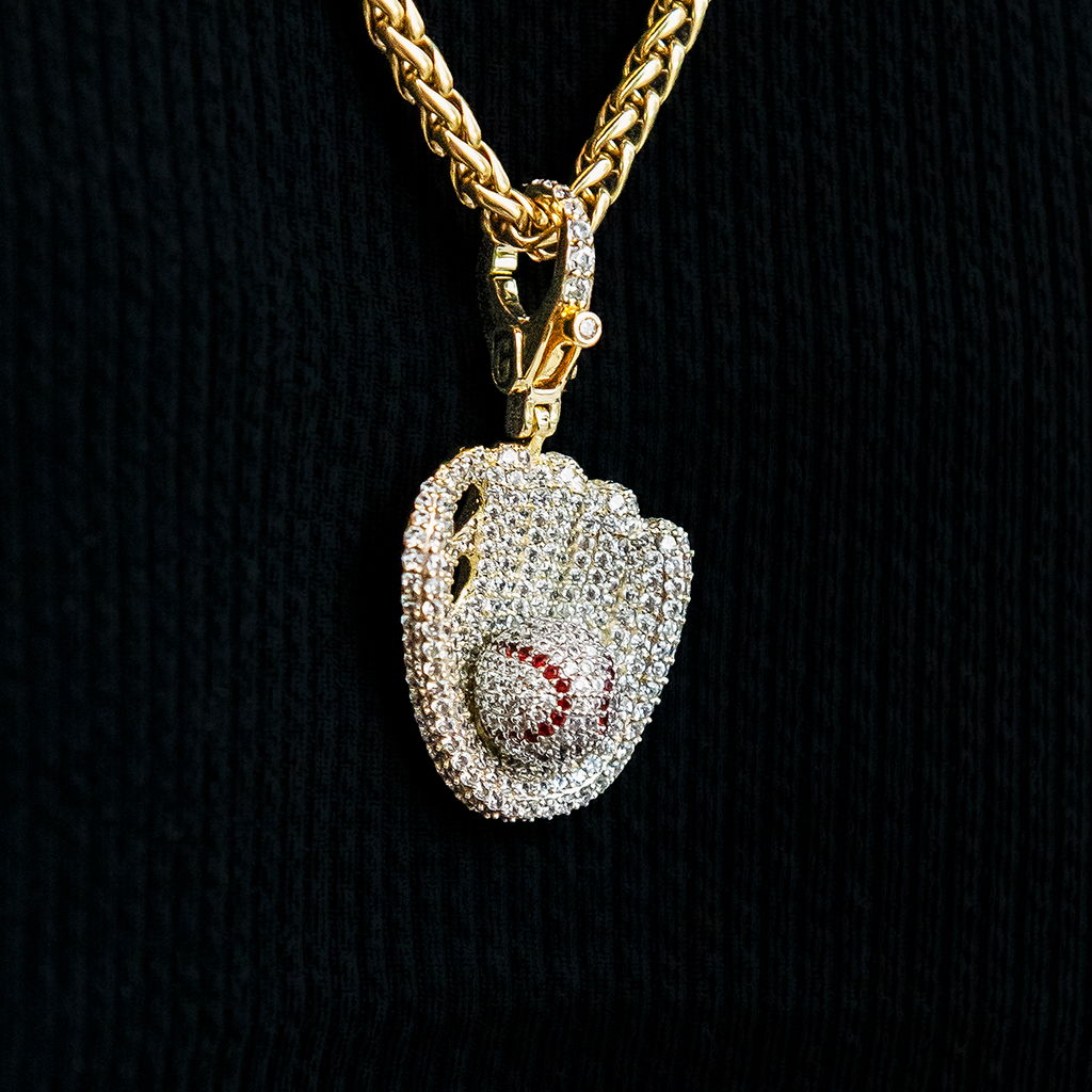 GLD Youth Iced Baseball Clip On Pendant in Yellow Gold