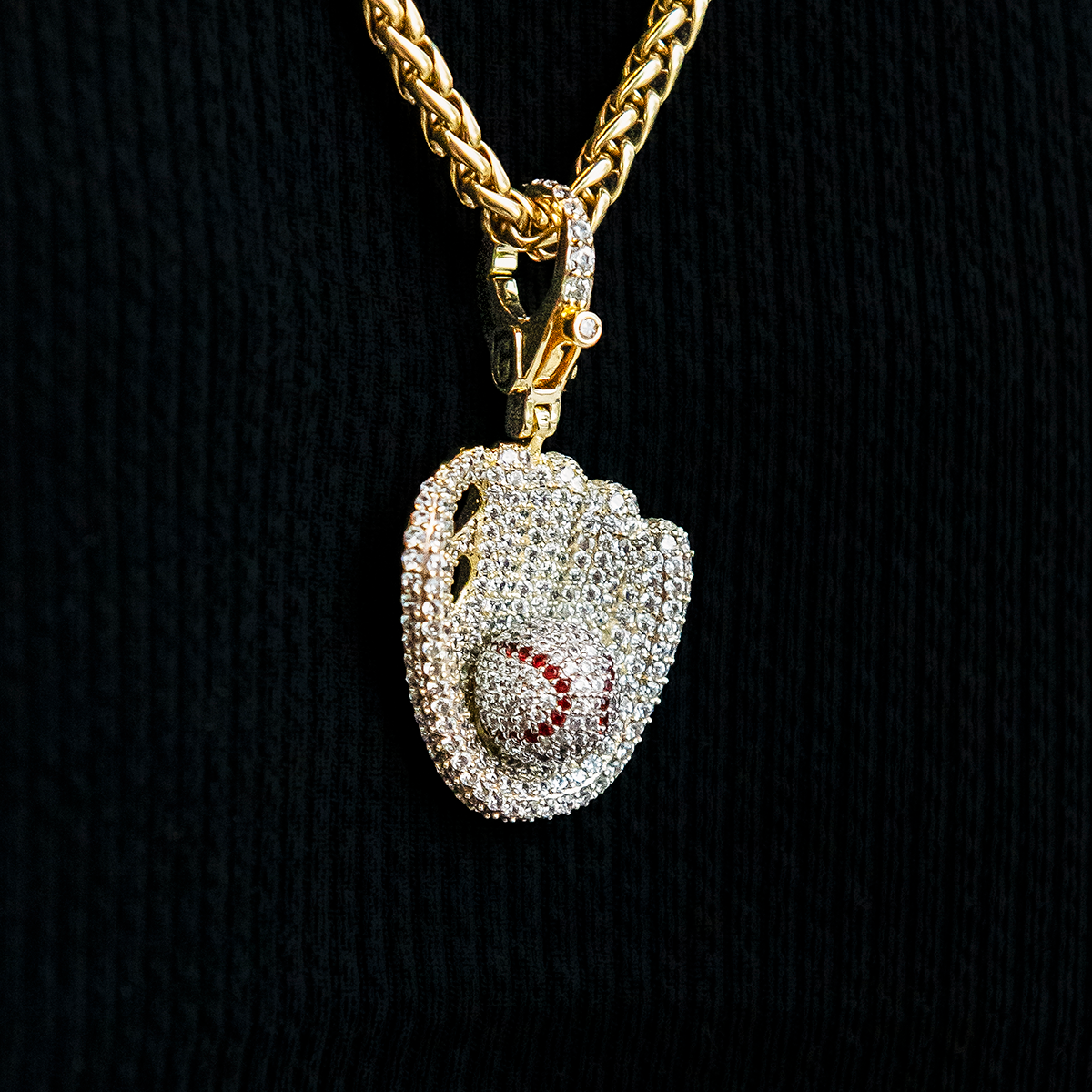 GLD Youth Iced Baseball Clip On Pendant in Yellow Gold