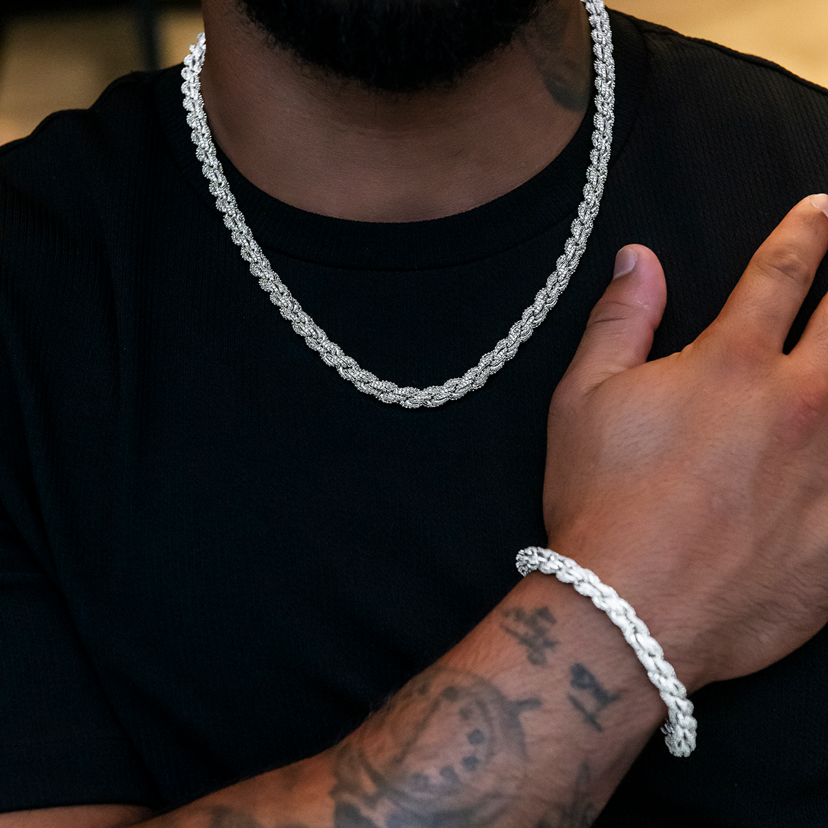 GLD Men Diamond Rope Chain + Bracelet Bundle in White Gold- 7mm