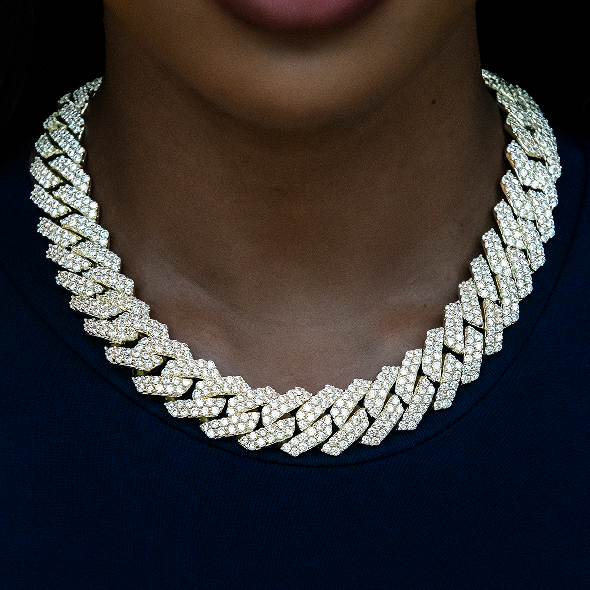 GLD Women Diamond Prong Cuban Necklace in Yellow Gold- 19mm