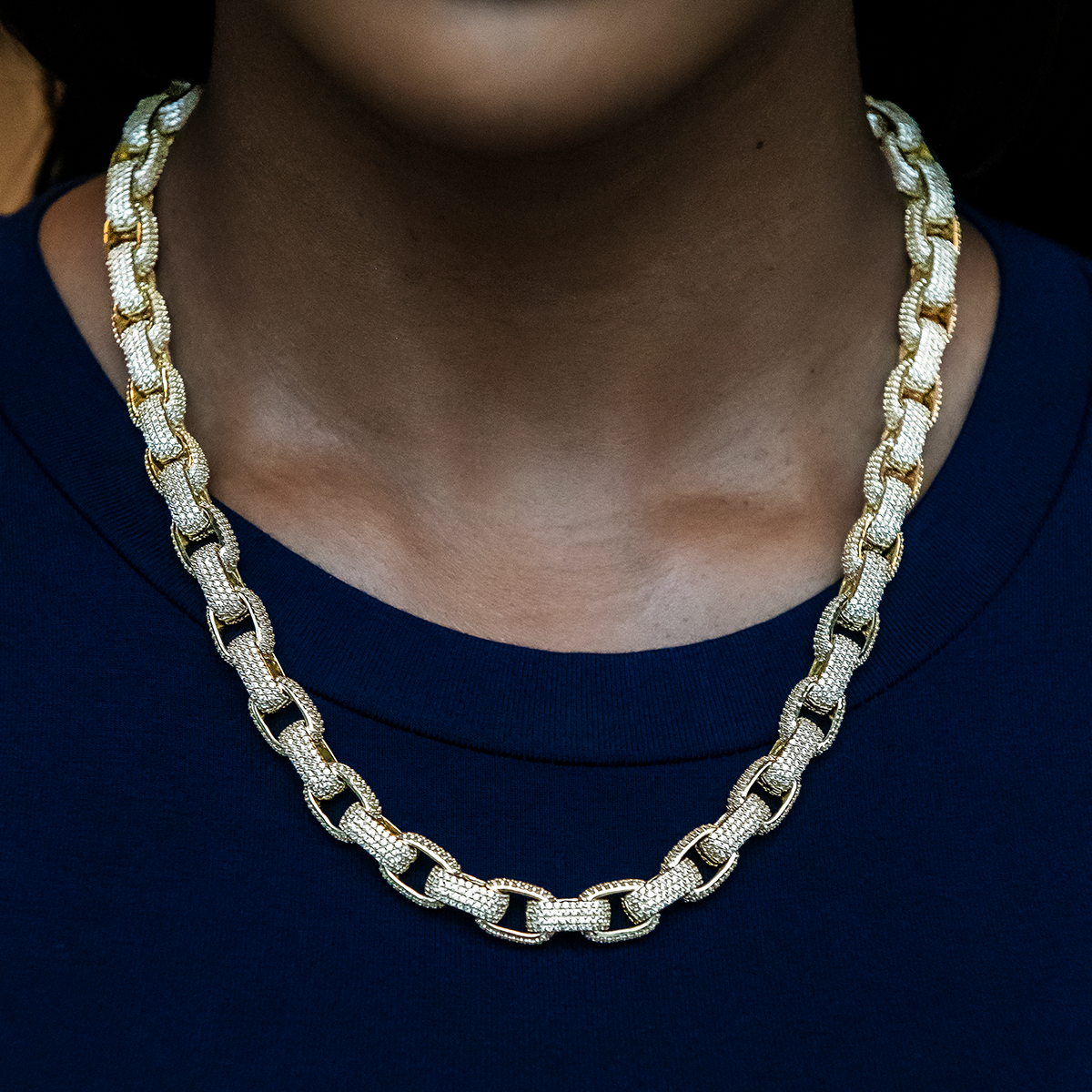 GLD Women Diamond Box Link Necklace in Yellow Gold- 9mm