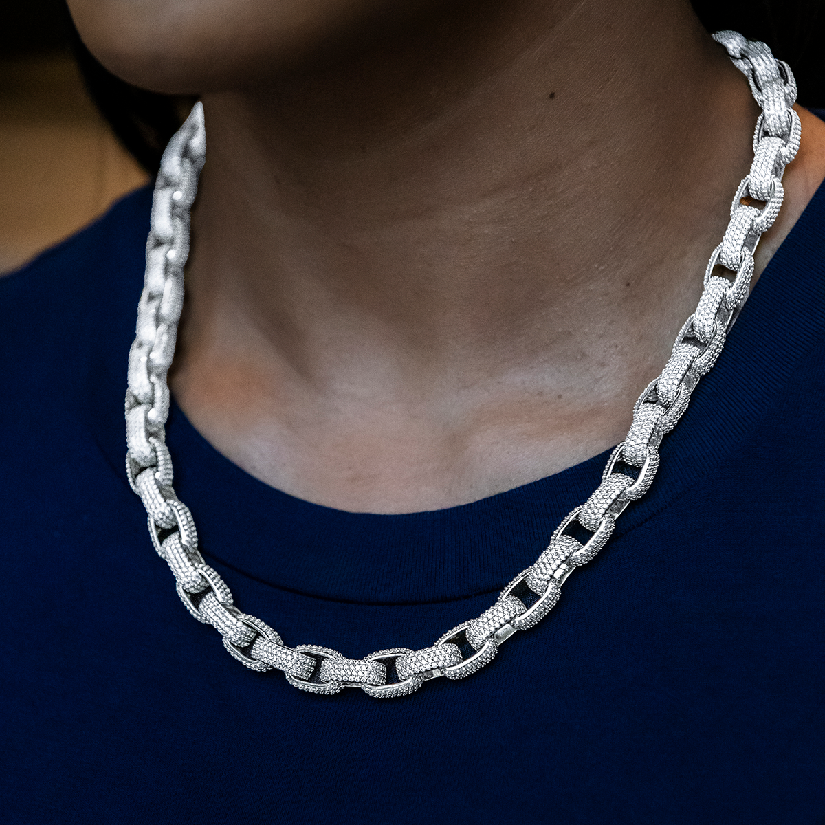 GLD Women Diamond Box Link Necklace in White Gold- 9mm