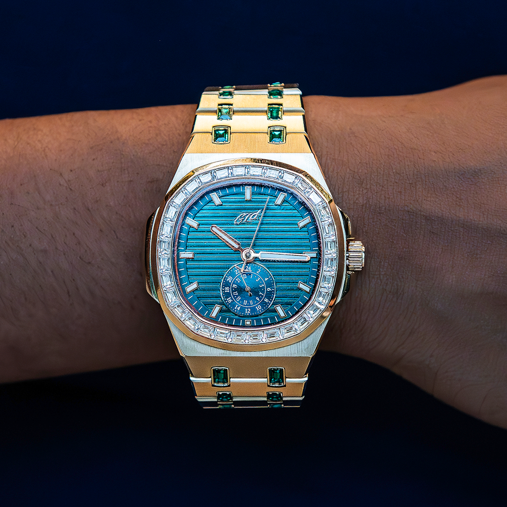 GLD Women 39MM Visionary Iced Emerald Stone Band Watch - Yellow Gold