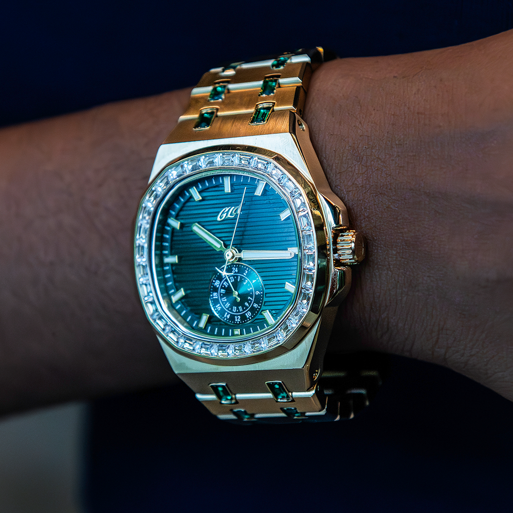 GLD Women 39MM Visionary Iced Emerald Stone Band Watch - Yellow Gold