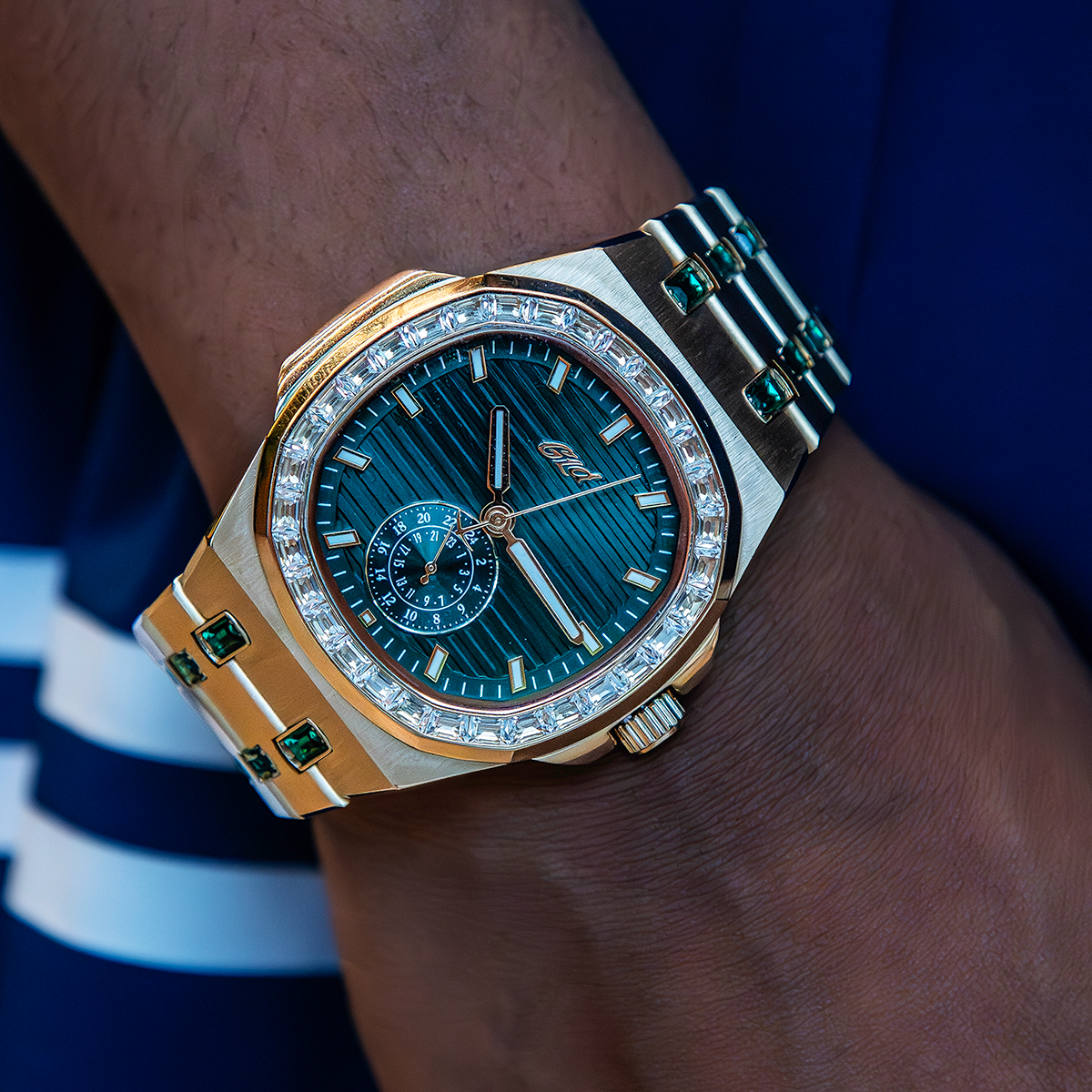 GLD Women 39MM Visionary Iced Emerald Stone Band Watch - Yellow Gold