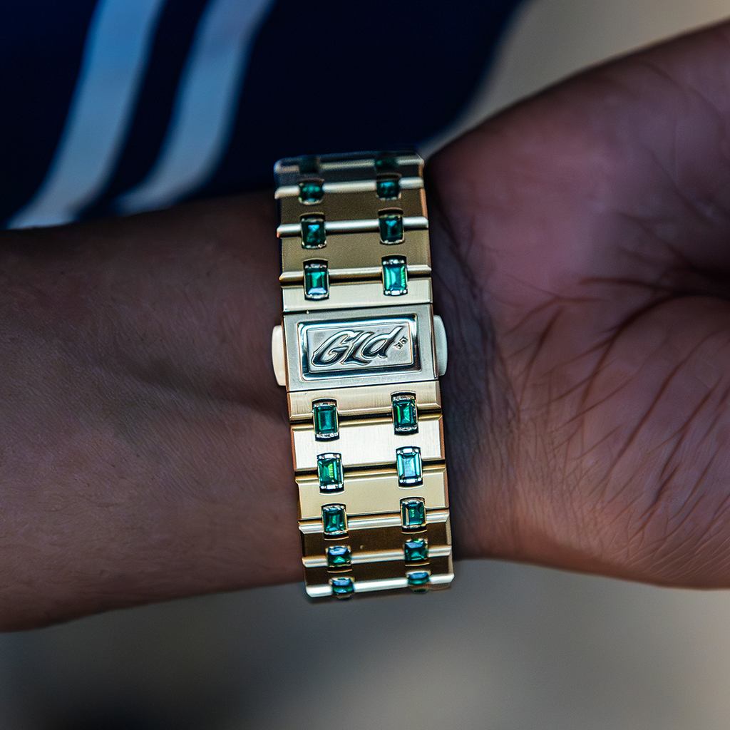 GLD Women 39MM Visionary Iced Emerald Stone Band Watch - Yellow Gold