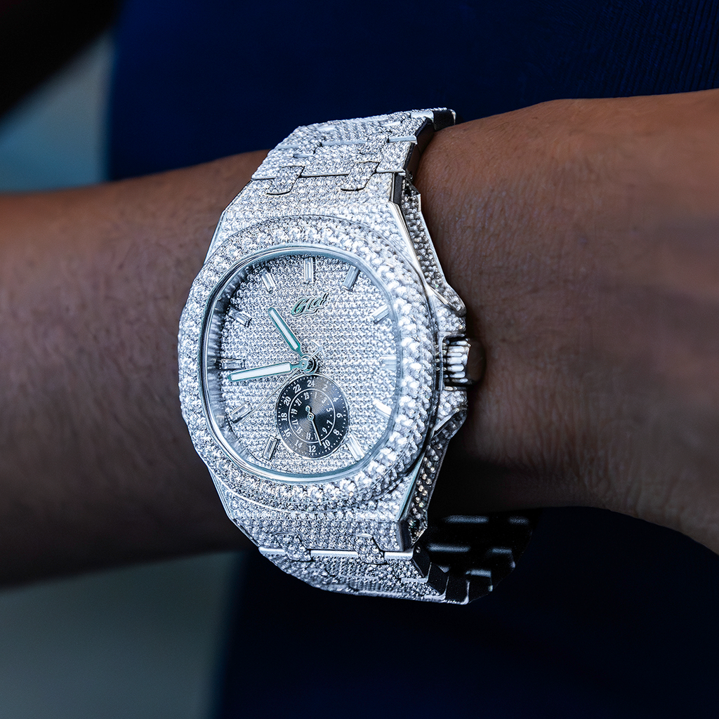 GLD Women 39MM Visionary Fully Iced Case & Steel Band Watch - White Gold