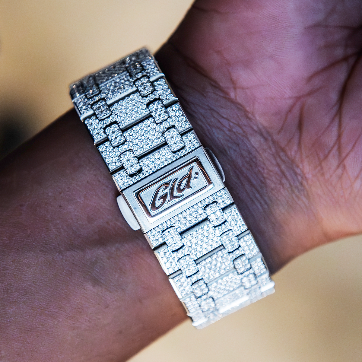 GLD Women 39MM Visionary Fully Iced Case & Steel Band Watch - White Gold