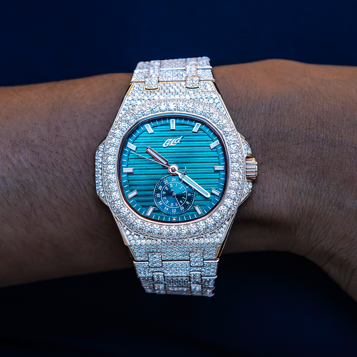GLD Women 39MM Visionary Fully Iced Case & Green Dial Watch - Yellow Gold