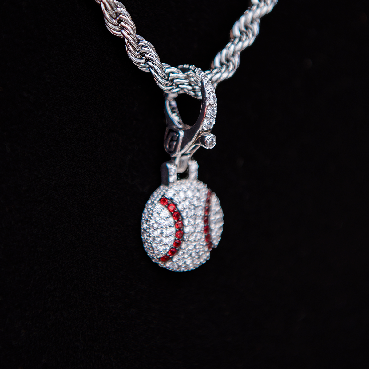 GLD Women Iced Baseball Clip On Pendant in White Gold
