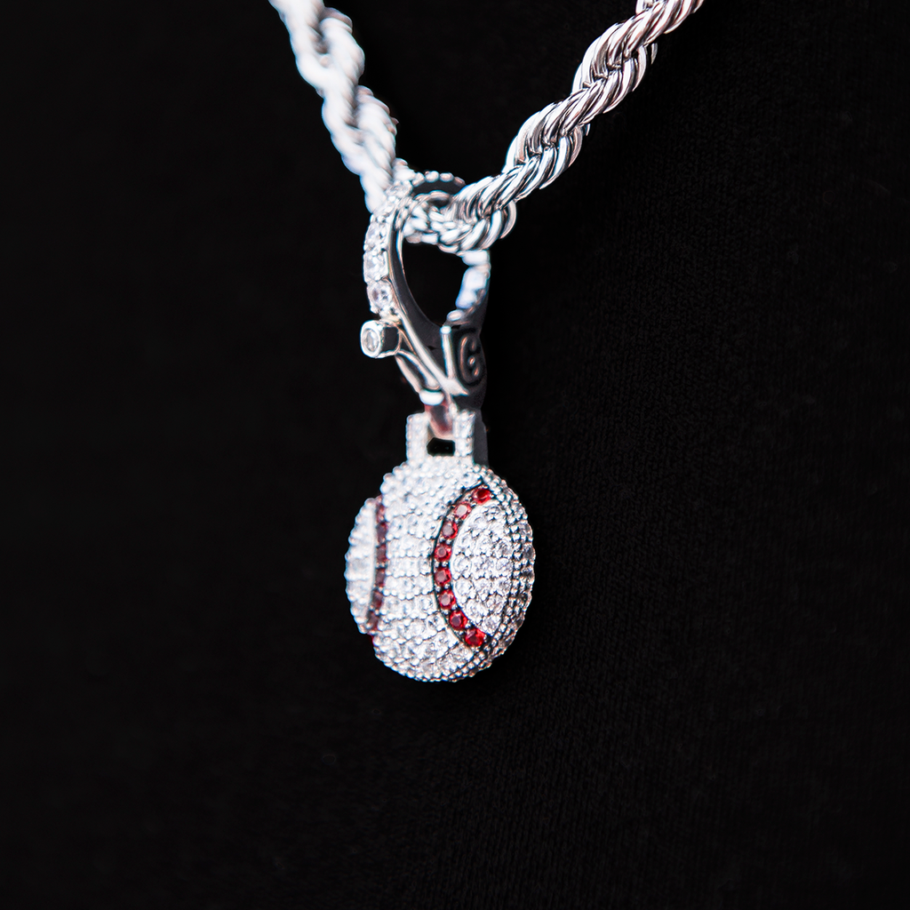 GLD Women Iced Baseball Clip On Pendant in White Gold