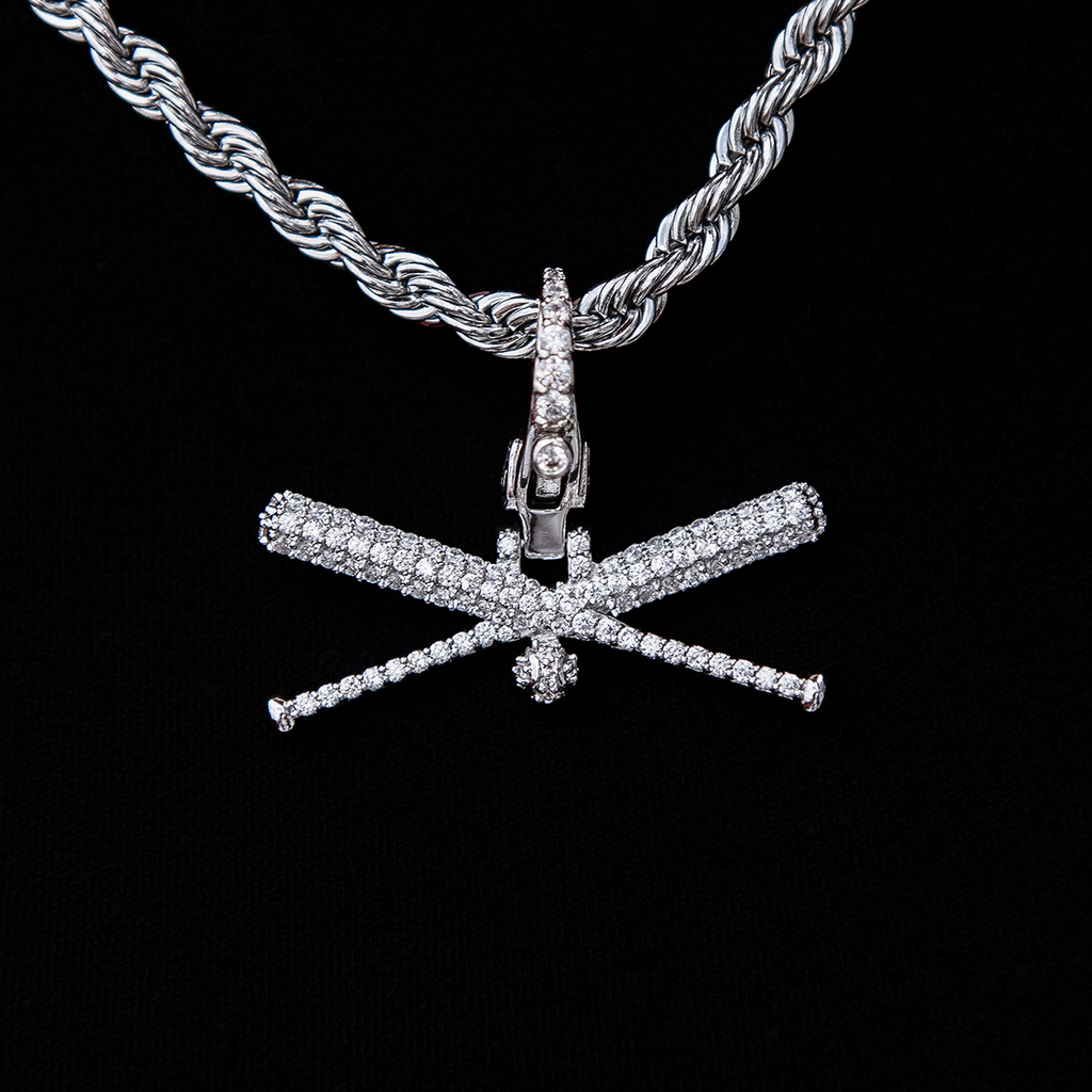 GLD Men Iced Baseball Bat Clip On Pendant - White Gold