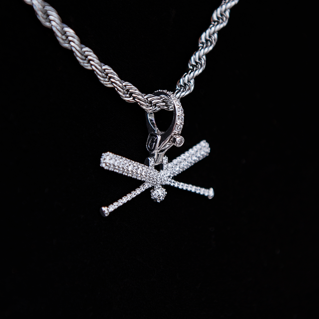 GLD Men Iced Baseball Bat Clip On Pendant - White Gold