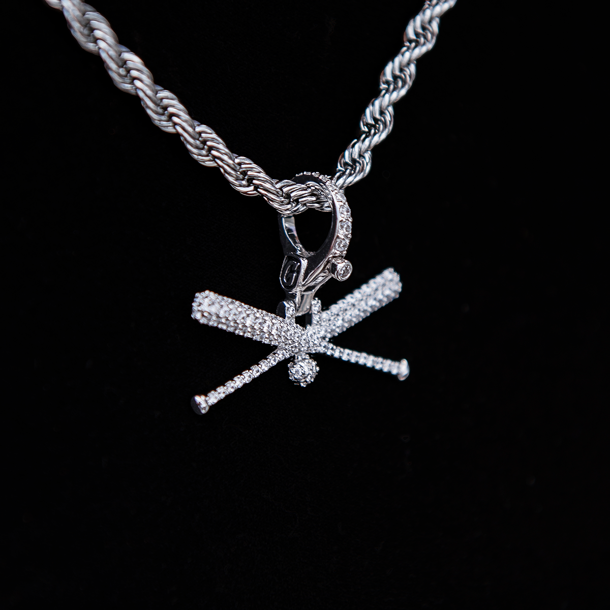 GLD Men Iced Baseball Bat Clip On Pendant - White Gold