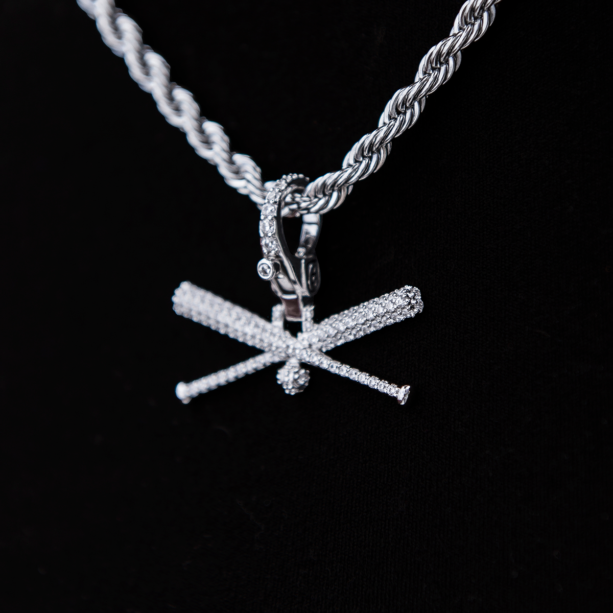 GLD Men Iced Baseball Bat Clip On Pendant - White Gold