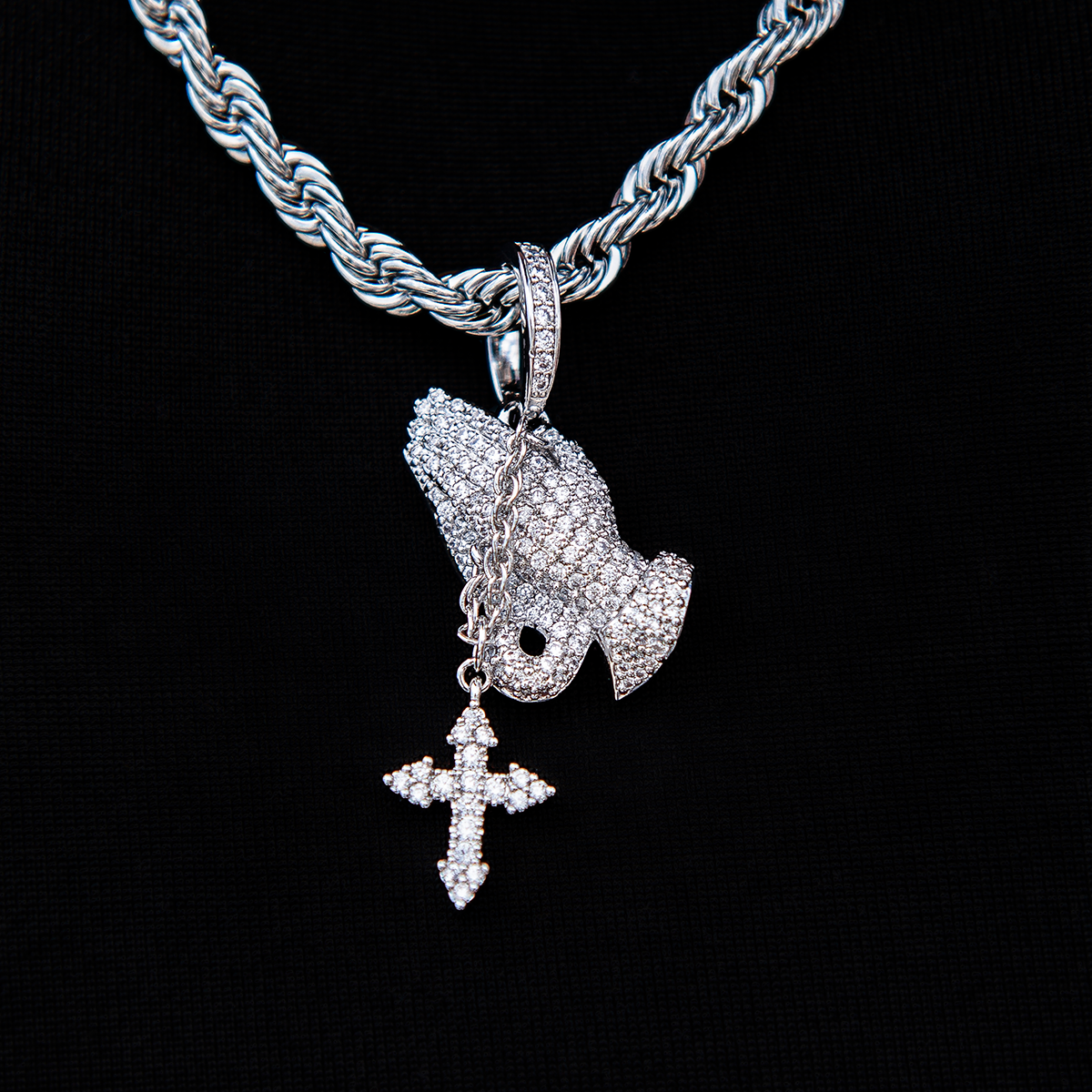 GLD Men Micro Iced Praying Hands with Cross Pendant in White Gold