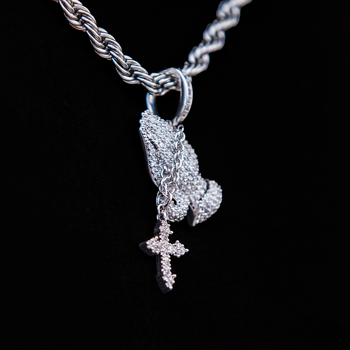 GLD Women Micro Iced Praying Hands with Cross Pendant in White Gold