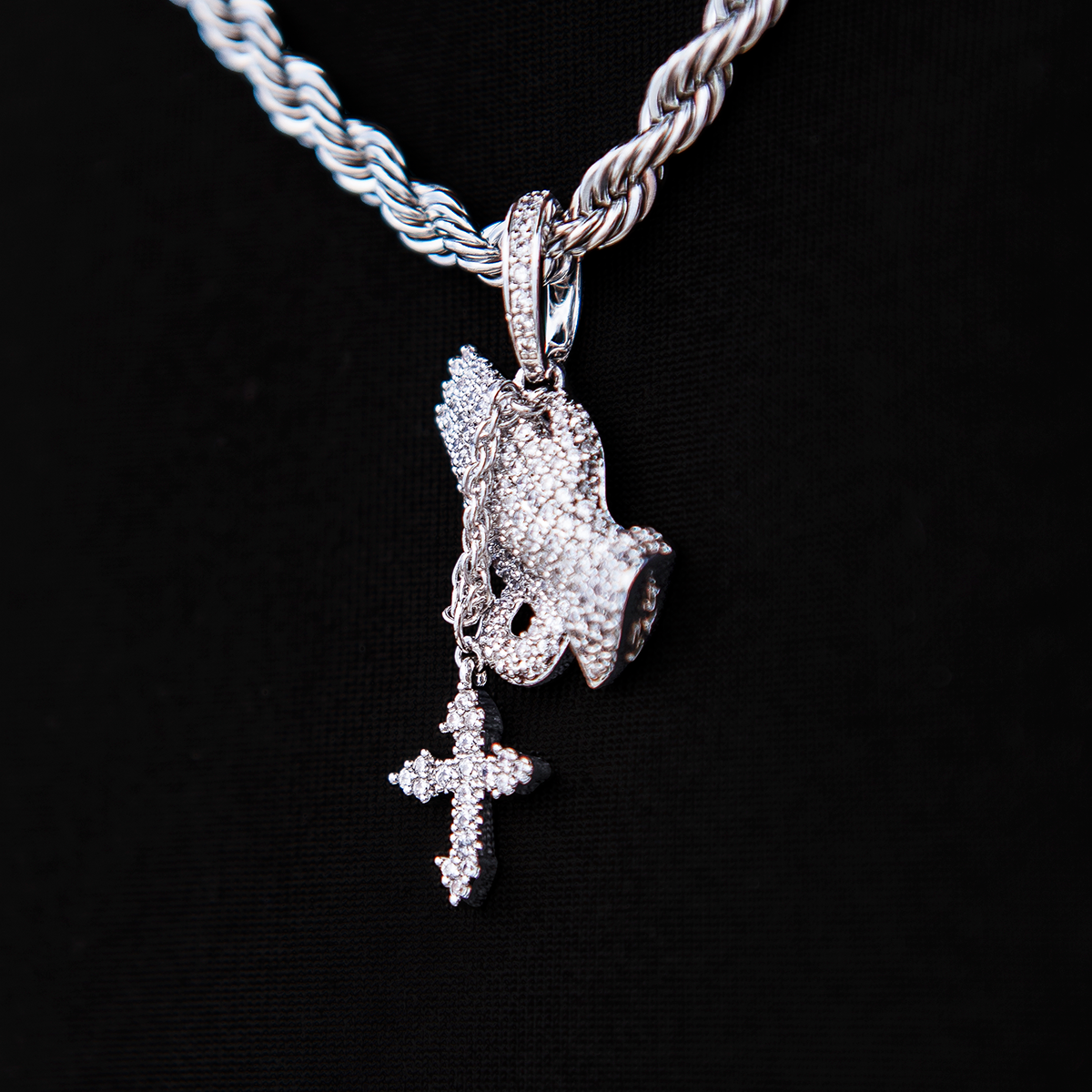 GLD Women Micro Iced Praying Hands with Cross Pendant in White Gold