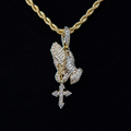 GLD Men Micro Iced Praying Hands with Cross Pendant in Yellow Gold