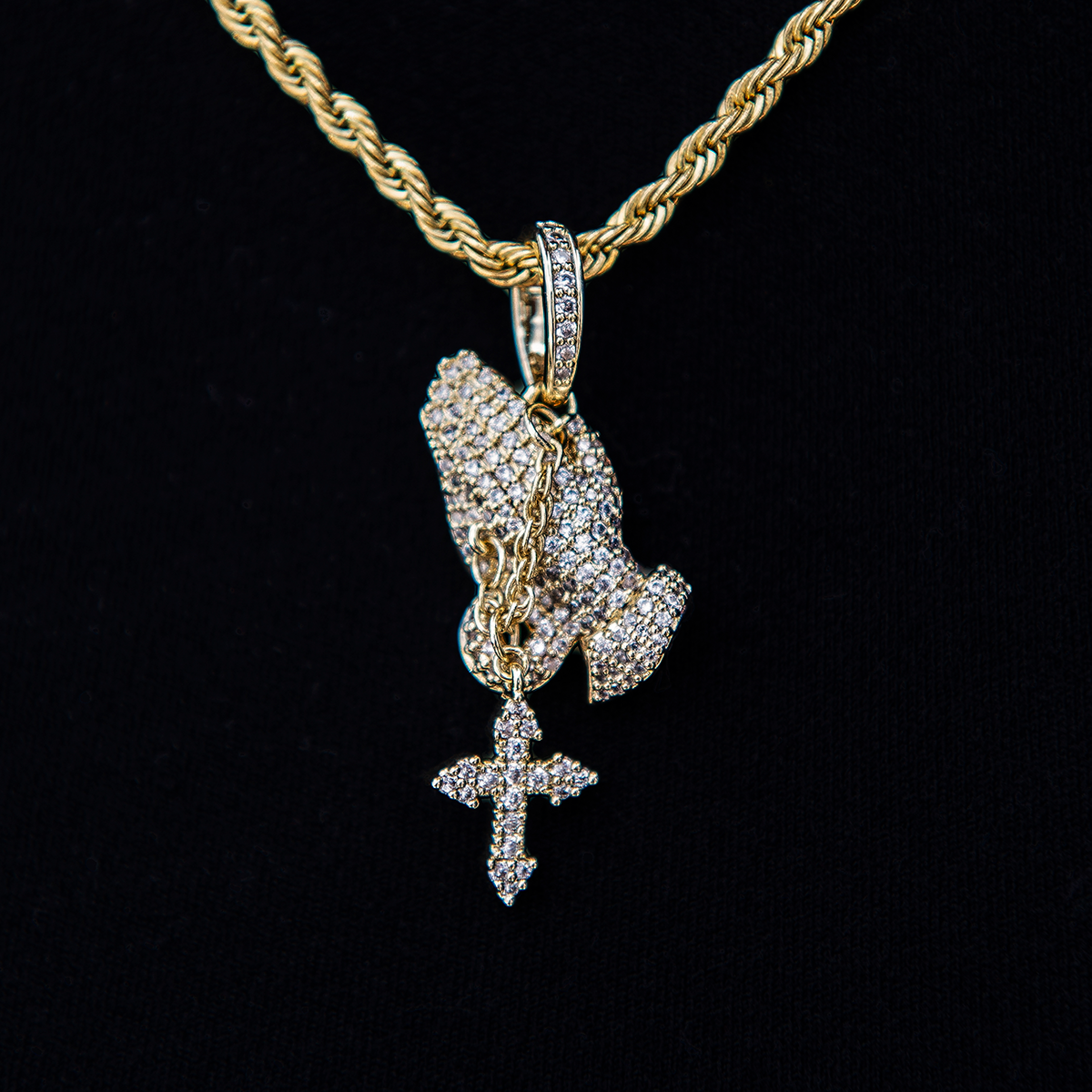 GLD Men Micro Iced Praying Hands with Cross Pendant in Yellow Gold